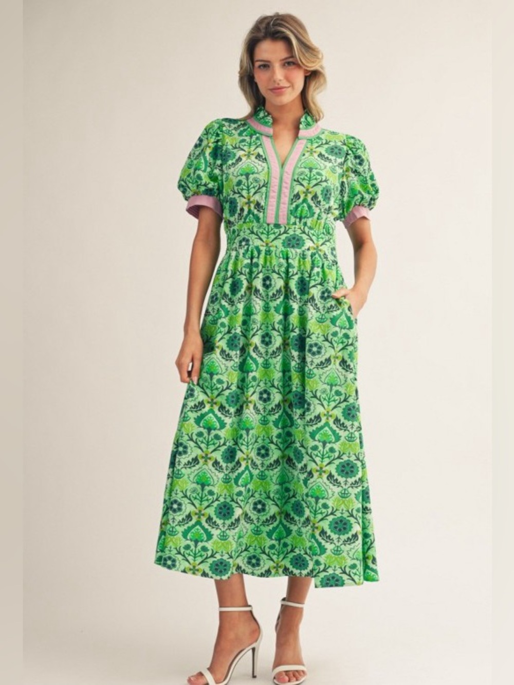 Jodifl Green Floral Midi Dress with Pockets NWT